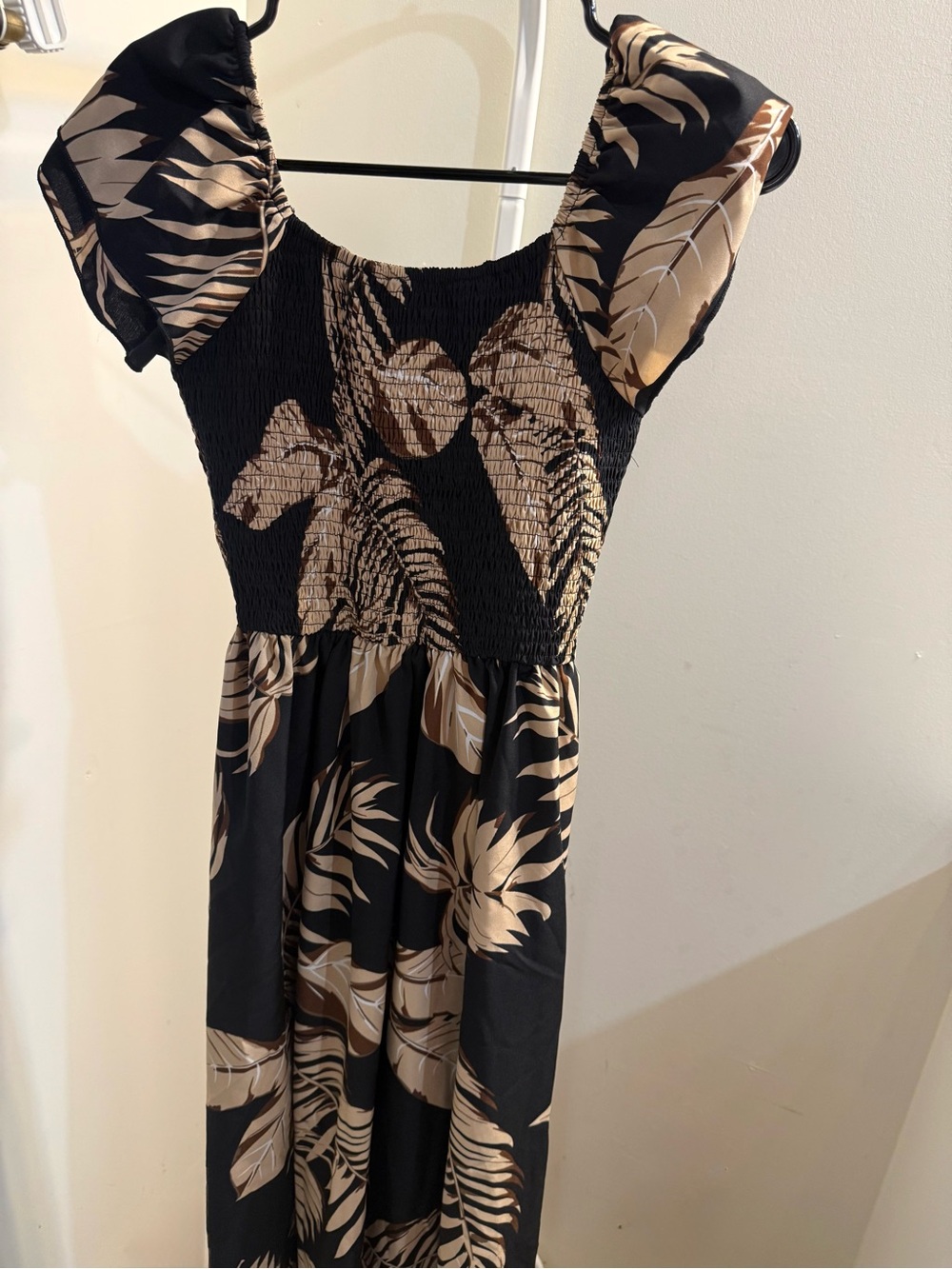 Black and Beige Floral Smocked Maxi Dress - Women